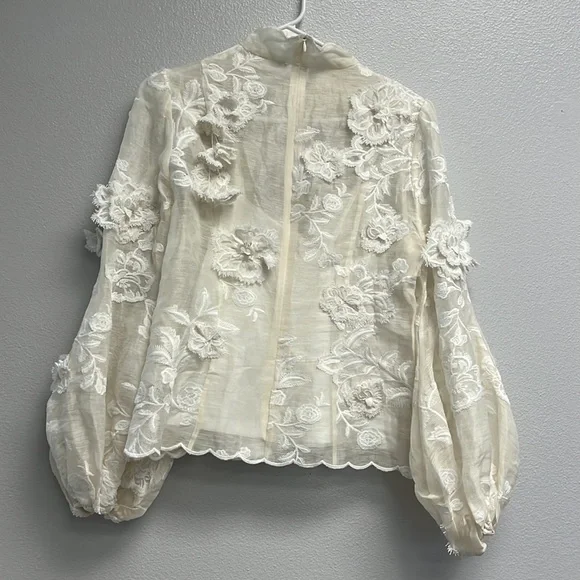 Postcard Floral-Appliqued Linen-Silk Top